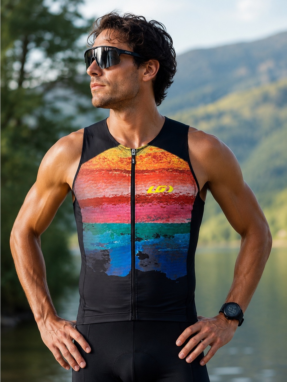 NWT Louis Garneau Carbon Pro Tri Tank Jersey Rainbow Men Medium Swim Cycling